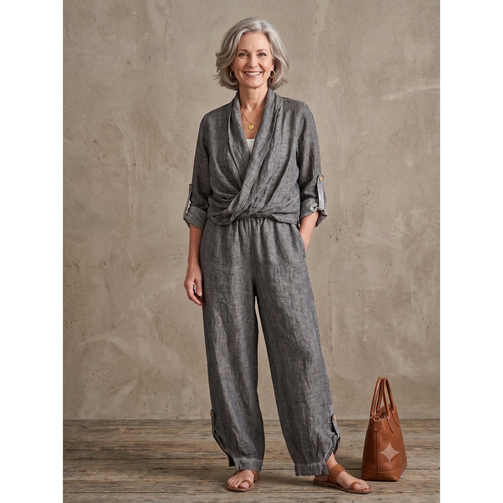 Made in Italy 100% Linen Lagenlook 2pc Pant Set Gray Draped Bolero